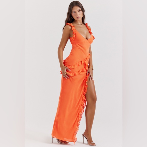 HOUSE OF CB 'Pixie' Flame Orange Ruffle Maxi Dress NWOT - Picture 8 of 16